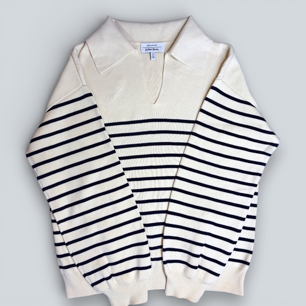 & Other Stories Cream Striped Collared Knit Sweater | Size M